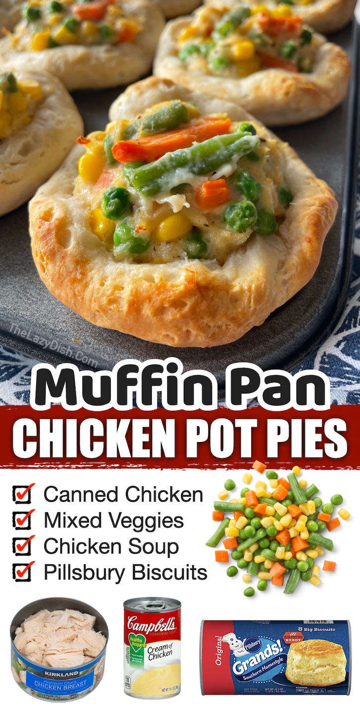 Mini Chicken Pot Pies | Only 4 ingredients to make this kid friendly meal! It's perfect for busy school nights or anytime you've had a long day at work. A classic comfort food made easy! These chicken pot pies make for a complete meal with frozen veggies and canned chicken. A great dinner idea for beginners!