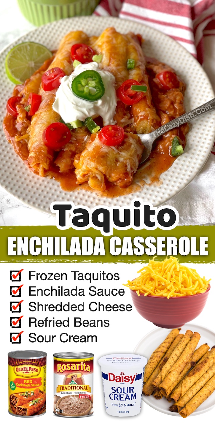 Lazy Enchiladas | This food hack is a game changer! You can make yummy enchiladas with frozen taquitos. I love this fast meal for busy weeknights, and it's just as good leftover. It's cheap to make with a can of enchilada sauce and cheese. If you're a new cook, you've got to try this super easy dinner idea! 