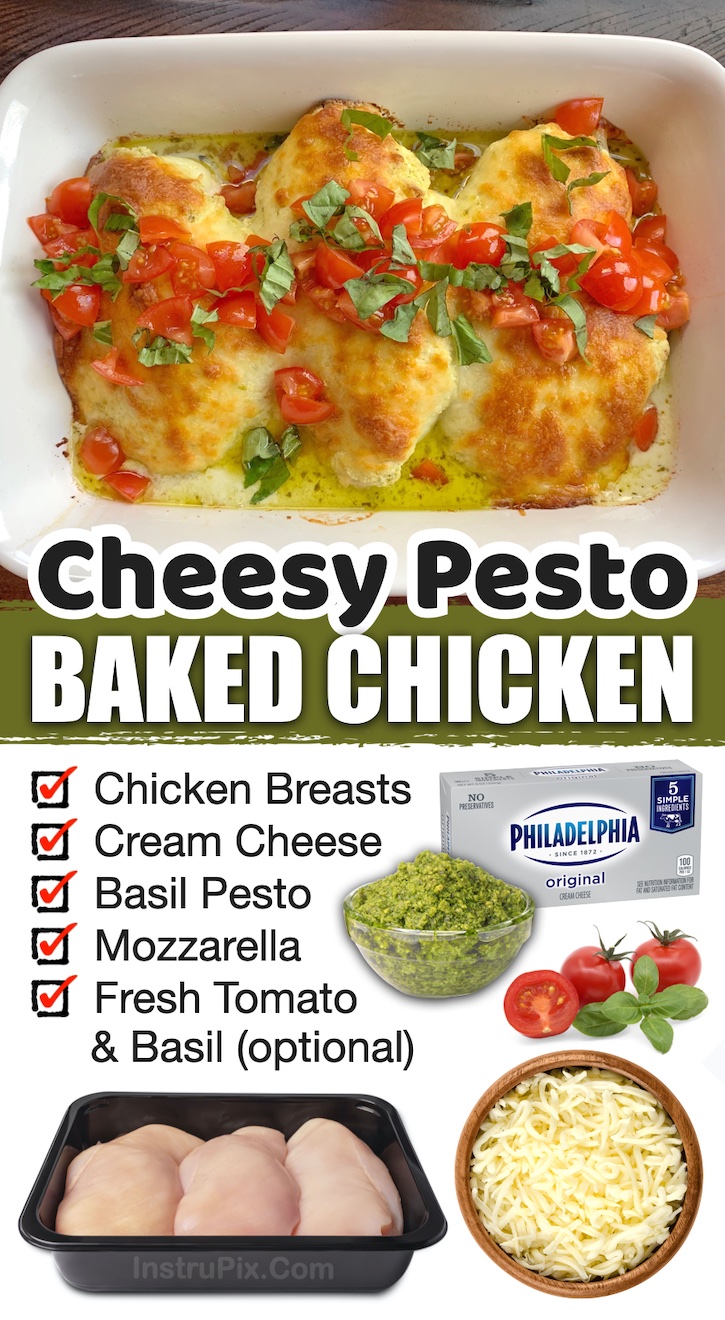 Cheesy Pesto Baked Chicken | Are you looking for chicken dinner recipes for beginners? This cheesy chicken is a breeze to make in just one pan! You wouldn't believe the difference cream cheese makes when baking chicken. You can serve it with your favorite starch such as pasta or rice. Even my kids love it!