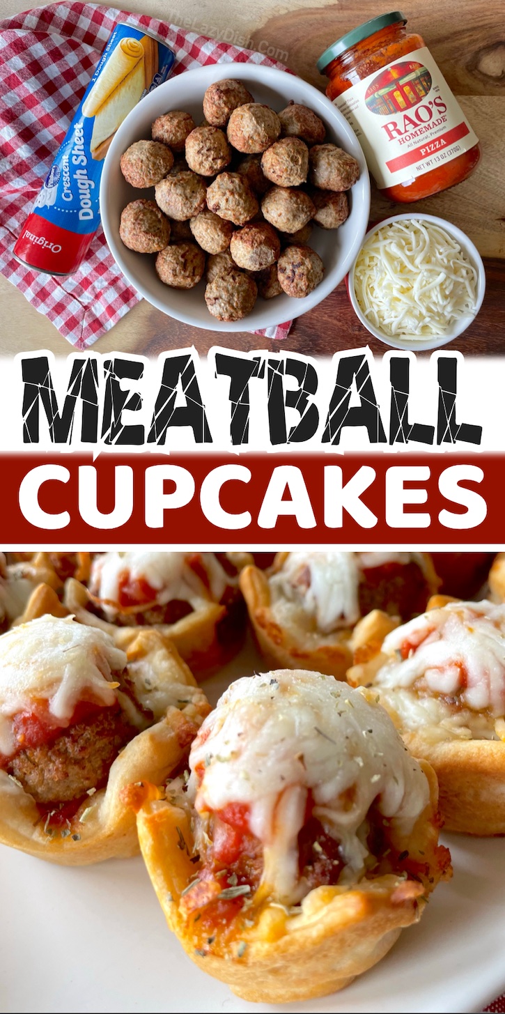 If you're looking for fun dinner ideas for your family, these mini meatball cupcakes are super quick and easy to make with just a few cheap ingredients! My kids love them. They are perfect for family game night, sleepovers, or busy school night meals. I love making dinner in a muffin tin because it makes for the perfect whimsical finger food. These little meatball bites are made with a Pillsbury dough sheet, frozen meatballs, pizza sauce, and mozzarella cheese. So simple and delicious. Your picky eaters are going to love them!
