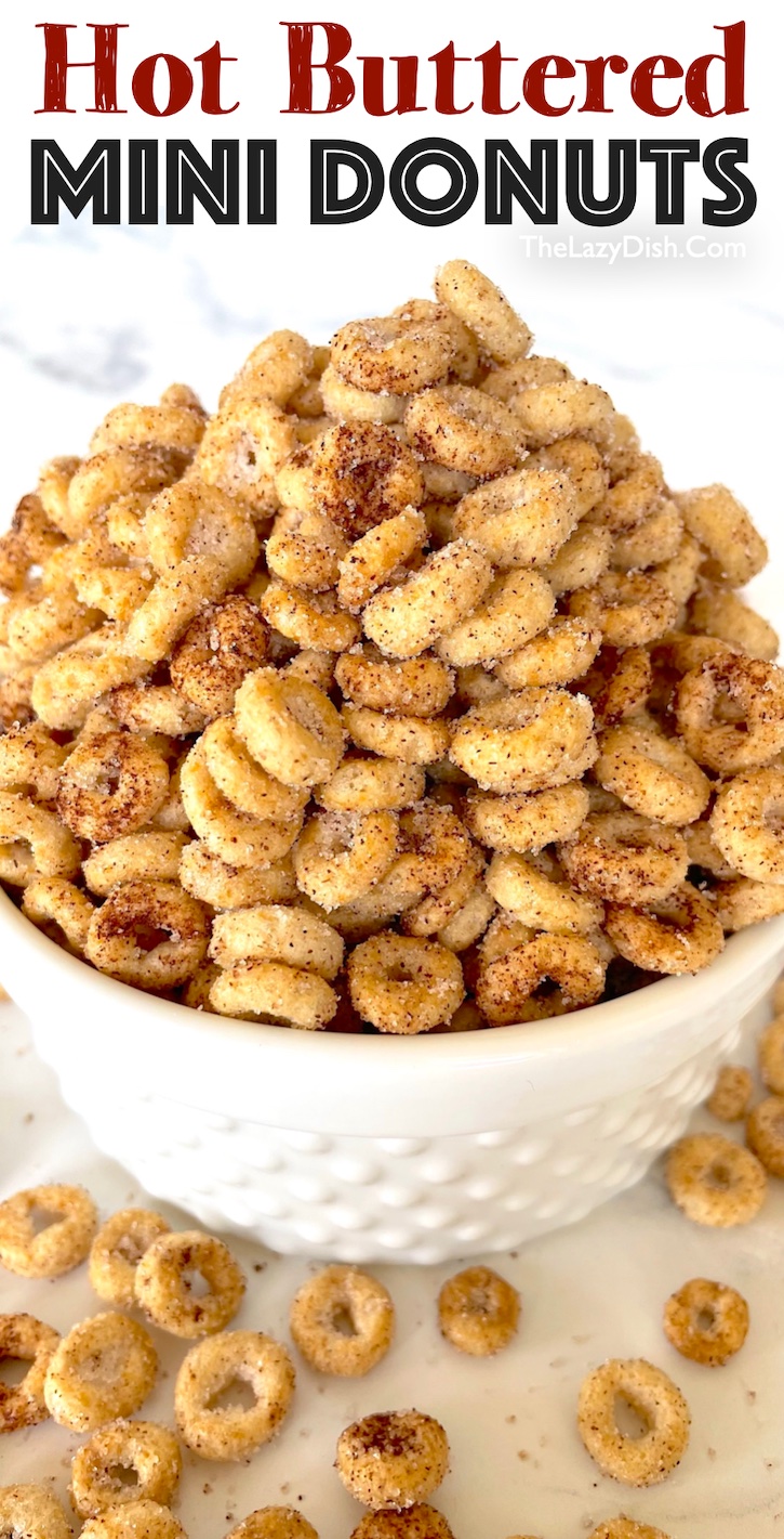 These hot buttered mini donut snacks are awesome! My kids love this sweet treat for after school snacking. I also make them before long road trips, or anytime we are on the go. You can make this fun and easy snack with just 4 ingredients: Cheerios Cereal, butter, cinnamon, and sugar. 