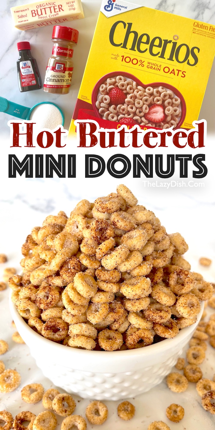 Hot Buttered Mini Donut Cheerios | This fun and easy sweet treat is so simple to make, and totally delicious! My kids go crazy for it. My teenagers ate the entire bag in one sitting the last time I made them. If you're looking for fun and easy snacks to make at home, these cinnamon sugar Cheerios amazing!