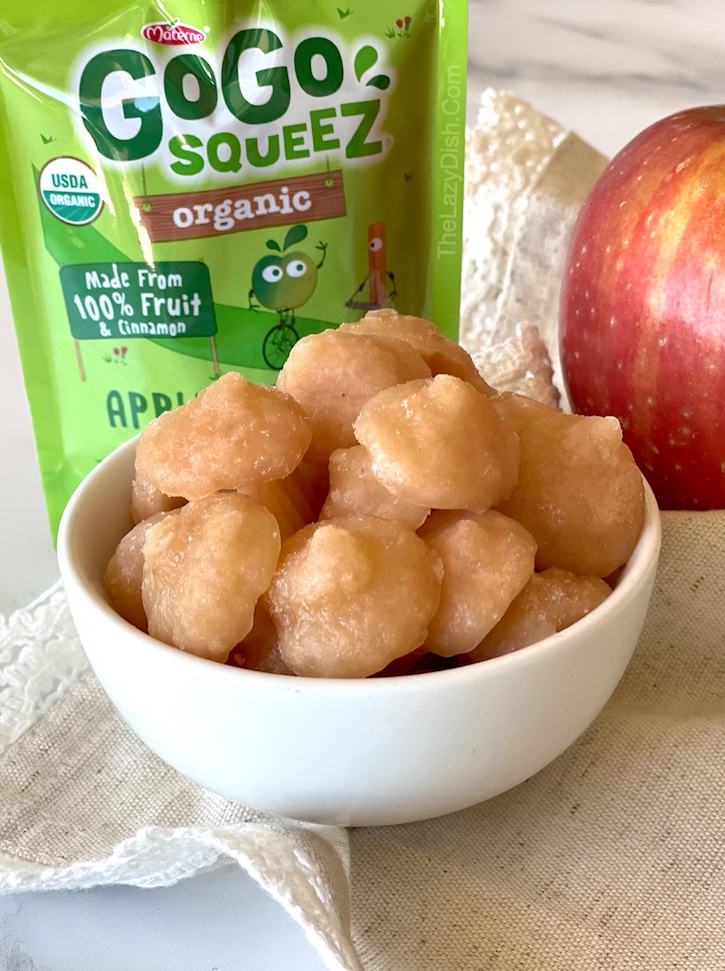 Easy Frozen Applesauce Bites | If you're looking for healthy snack ideas to make at home, your kids are going to love this frozen sweet treat! So easy to make with just one ingredient: applesauce! A fun activity to do with your kids in the kitchen. 