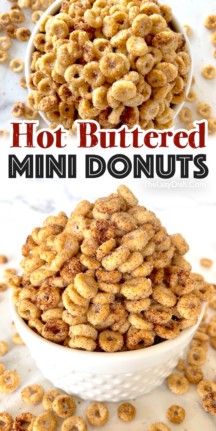 Hot Buttered Mini Donut Snacks | Your kids are going to love this easy sweet treat! If you're looking for yummy snacks to make, this is my family's favorite finger food. We really enjoy it on movie night in place of popcorn! This fun little snack is quick and easy to make with just a few ingredients that you probably already have at home including Cheerios Cereal, butter, sugar and cinnamon. 