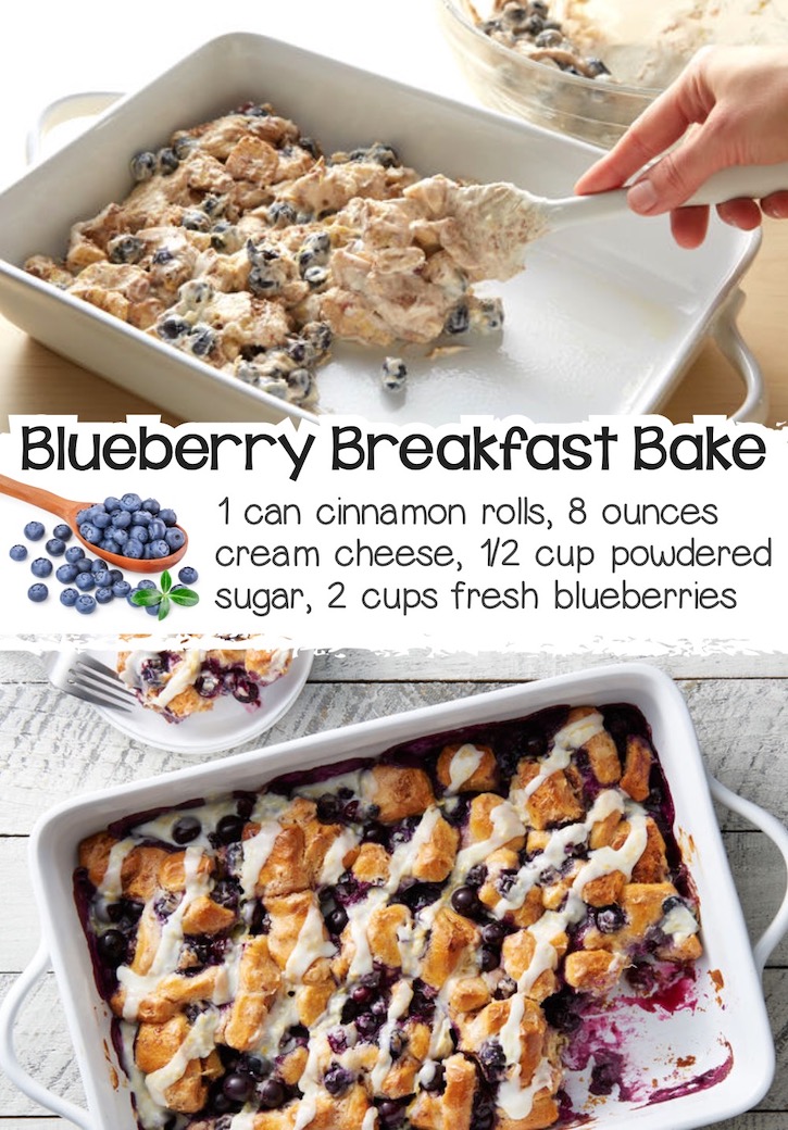 An easy breakfast casserole made with a mixture of diced refrigerated cinnamon rolls mixed with cream cheese, fresh blueberries, and powdered sugar.