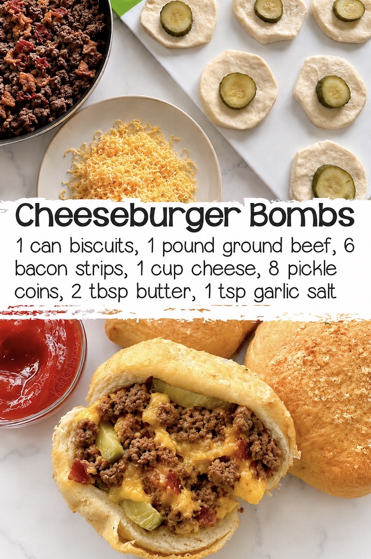 Pillsbury biscuits stuffed full of all the flavors of a cheeseburger including seasoned ground beef, bacon, cheddar cheese, and pickles to make mini handheld burgers. Dip them in ketchup and mustard for a fun family dinner!