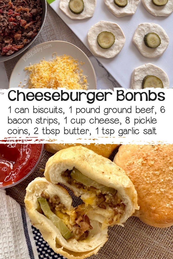 Pillsbury biscuits stuffed full of all the flavors of a cheeseburger including seasoned ground beef, bacon, cheddar cheese, and pickles to make mini handheld burgers. Dip them in ketchup and mustard for a fun family dinner!