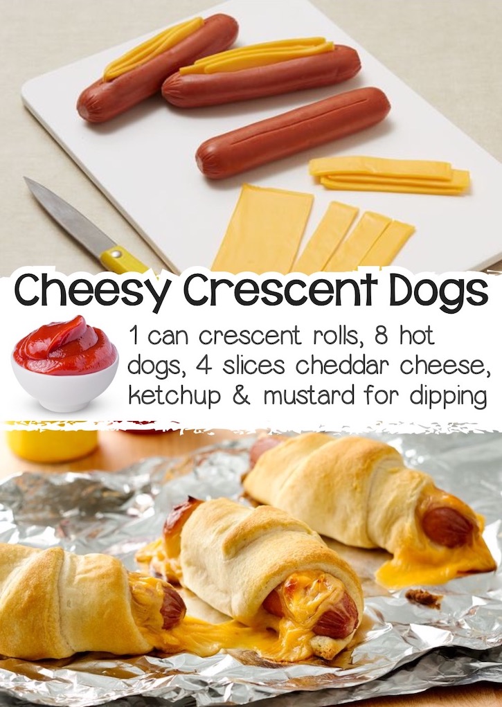 Hot dogs with a slit cut down the middle stuffed with slices of cheddar cheese, and then wrapped in refrigerated crescent dough, baked until warm and gooey.
