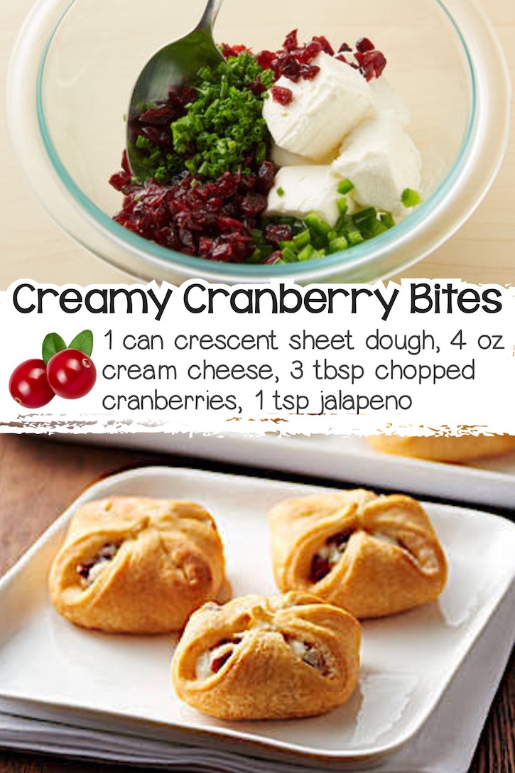 A can of Pillsbury sheet dough cut into bite size pieces and stuffed with a mixture of cream cheese, cranberries and jalapenos to make delicious holiday finger food. 