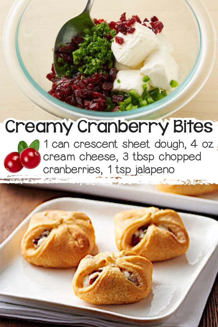 A can of Pillsbury sheet dough cut into bite size pieces and stuffed with a mixture of cream cheese, cranberries and jalapenos to make delicious holiday finger food.