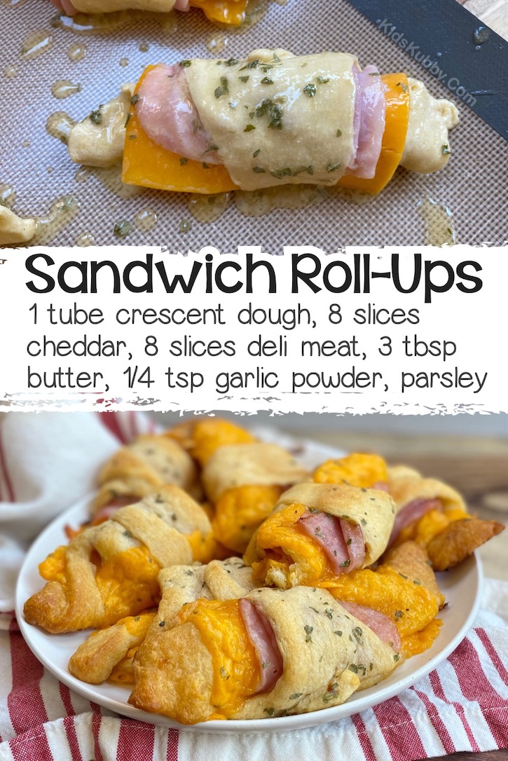 Warm sandwich roll-ups made with deli meat and sliced cheese wrapped in a can of refrigerated crescent dough, brushed with seasoned butter, and then baked until the dough is golden brown and cheese is gooey. 