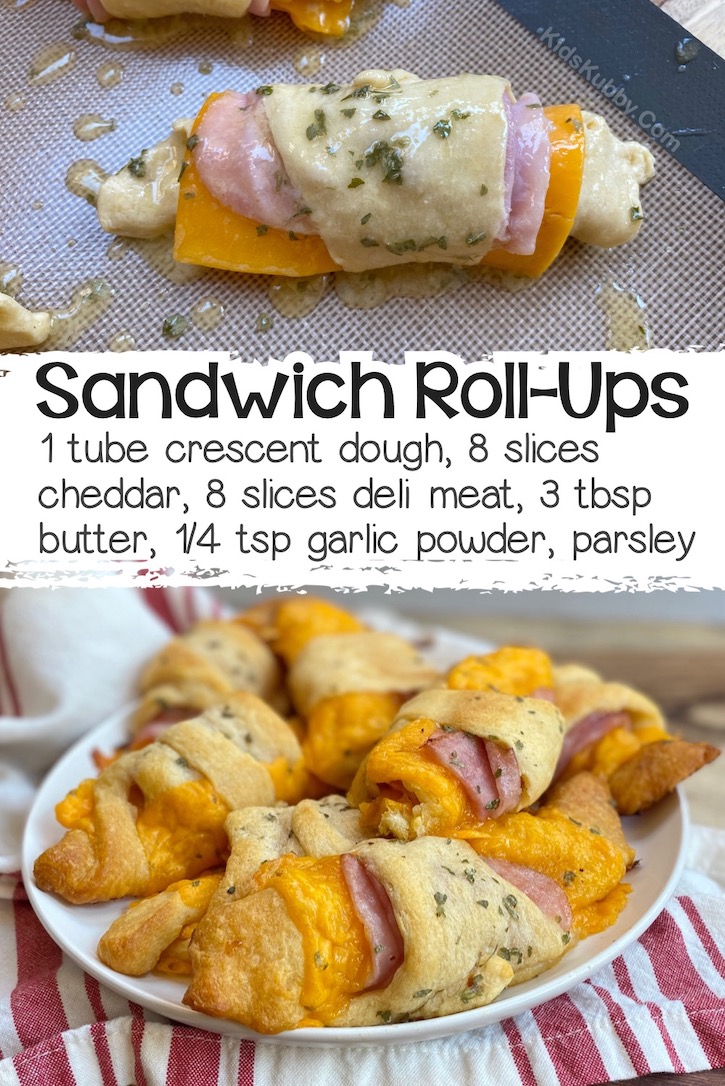 Warm sandwich roll-ups made with deli meat and sliced cheese wrapped in a can of refrigerated crescent dough, brushed with seasoned butter, and then baked until the dough is golden brown and cheese is gooey.