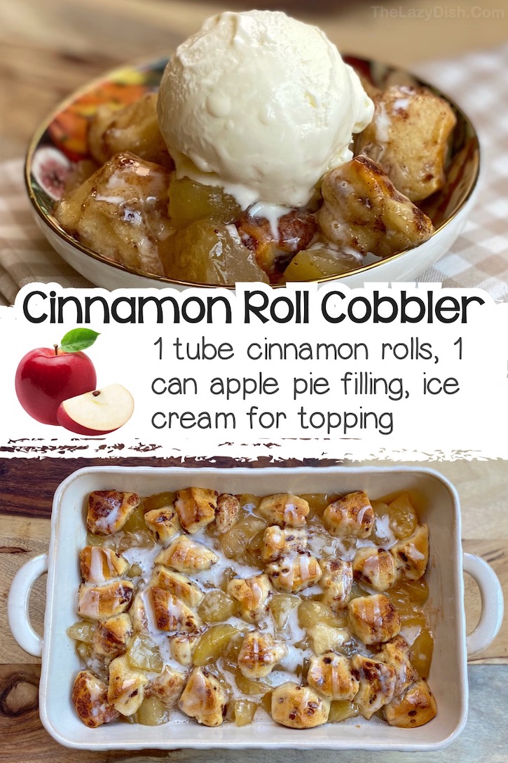 2 Ingredient Cinnamon Roll Apple Cobbler made in a baking dish with quartered cinnamon rolls and a can of apple pie filling. Mix everything together and bake until the dough is cooked through. Top with ice cream for the ultimate holiday treat!