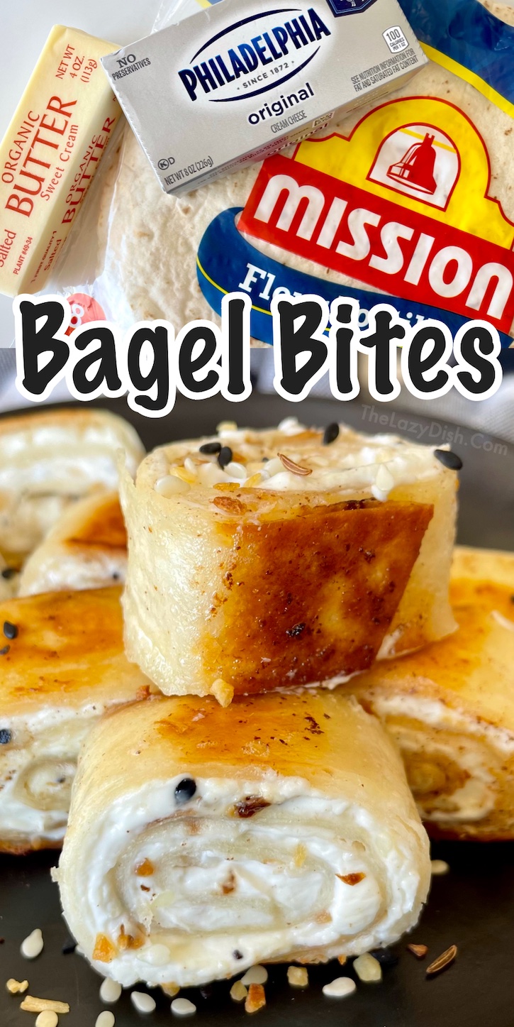 Bagel Bites! Crispy cream cheese pinwheels with Everything Bagel seasoning. Your family is going to love this quick and easy snack idea. Simply spread cream cheese onto burrito size flour tortillas, sprinkle with seasoning, roll into a log, cut into pieces, and then make them crispy with a little butter in a pan over medium-high heat. 