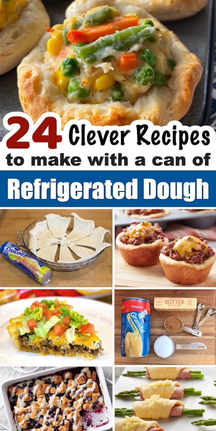A collage of 24 clever recipes made with a can of Pillsbury refrigerated dough. A variety of easy recipes, from dinners and desserts to snacks and fun appetizers. A tube of refrigerated dough makes cooking and baking quick, easy and fun! 