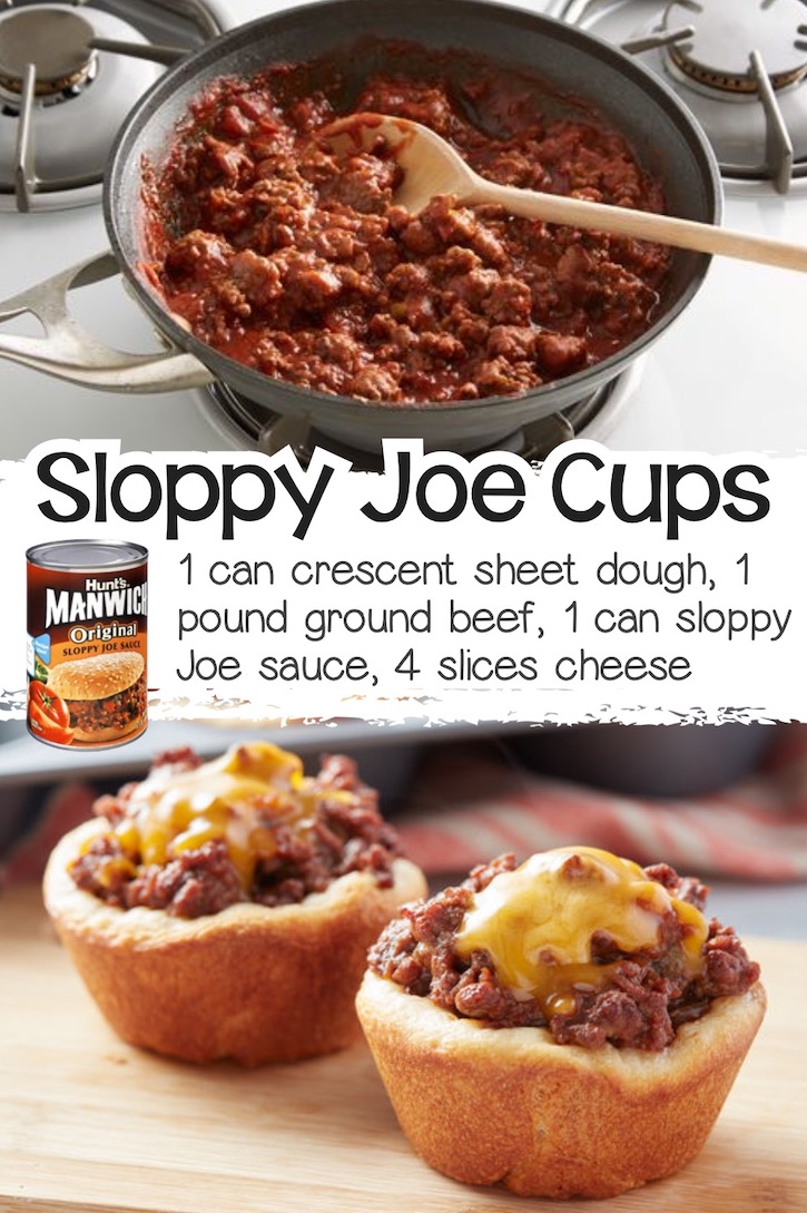 Classic sloppy Joe ingredients stuffed into little cups made with Pillsbury crescent dough in a mini muffin pan, topped with gooey cheese.