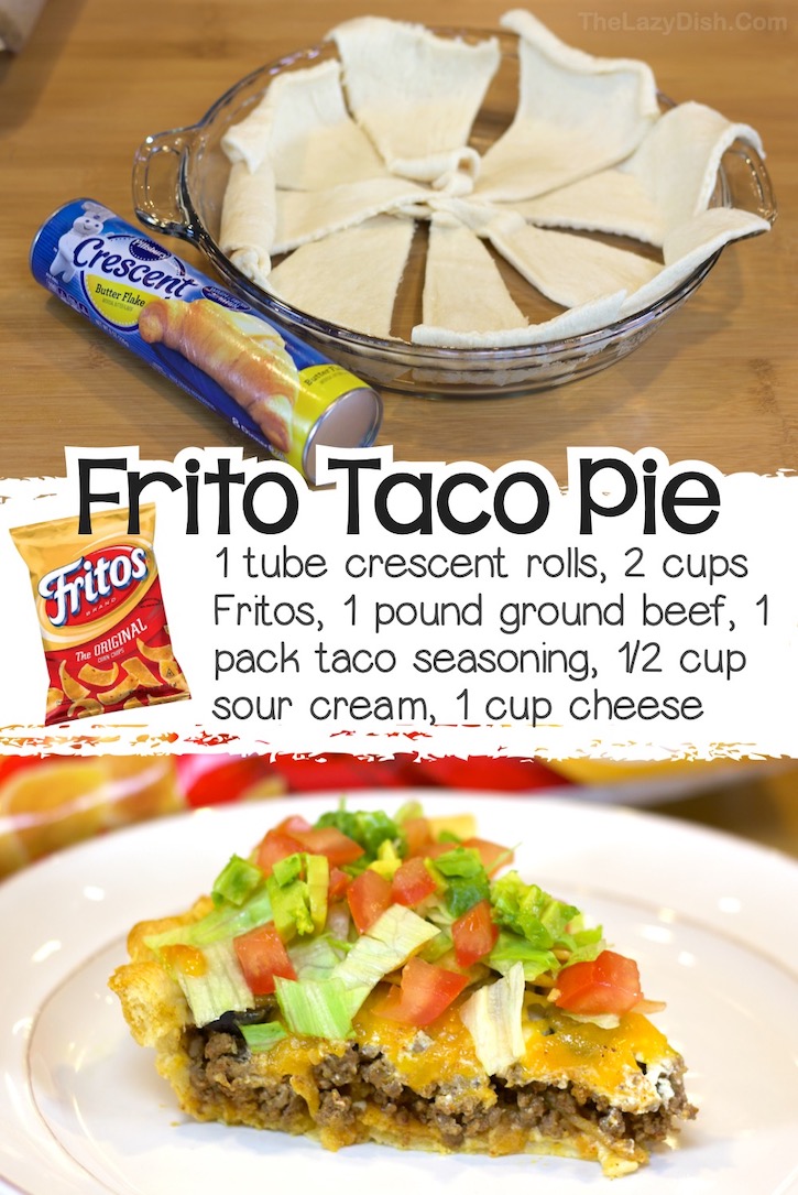 Frito Taco Pie made in a pie dish with a refrigerated crescent dough crust stuffed full of taco seasoned ground beef, cheese, and sour cream baked until warm and gooey. Top with fresh lettuce and tomato, along with any of your favorite taco ingredients.