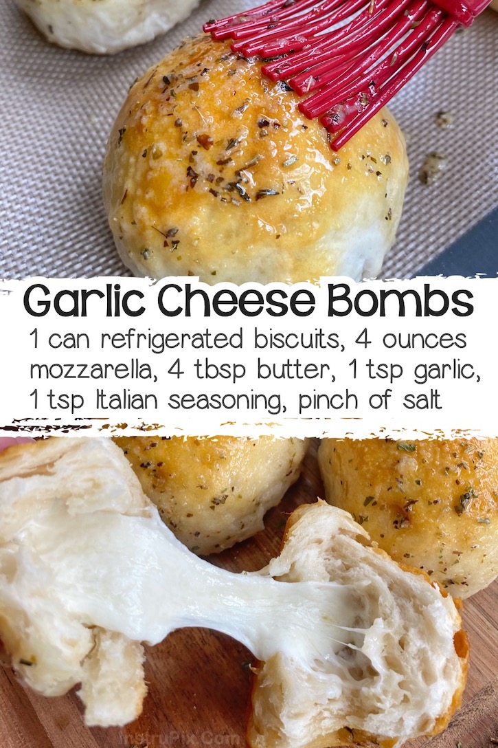 Pillsbury biscuits stuffed with mozzarella cheese, baked, and then brushed with garlic butter to create delicious cheese bombs. A fun snack or appetizer! Serve warm with pizza sauce or marinara for dipping.