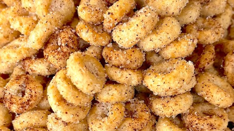 This fun and easy snack is so easy to make with just a few ingredients. Simply soak Cheerios in hot butter, and then coat with a mixture of cinnamon and sugar. So yummy! My favorite crunchy snack.
