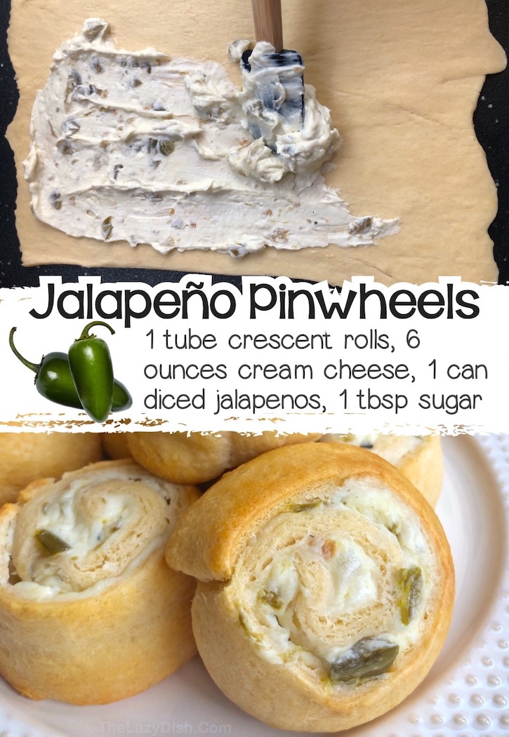 Sweet and spicy pinwheels appetizer made with a can of Pillsbury crescent dough stuffed with a mixture of cream cheese, canned jalapenos, and a little sugar. 