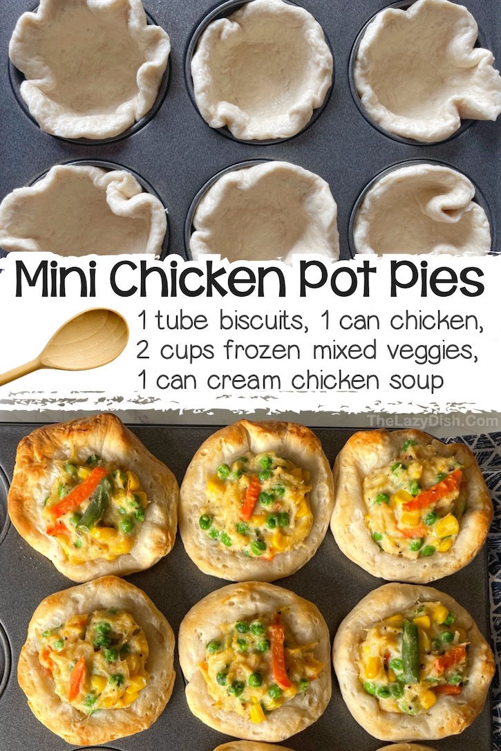 Mini Chicken Pot Pies made with Pillsbury refrigerated biscuits, a can of chicken, frozen mixed veggies, and a can of cream of chicken soup all cooked together in a muffin pan to make handheld mini savory pies. 