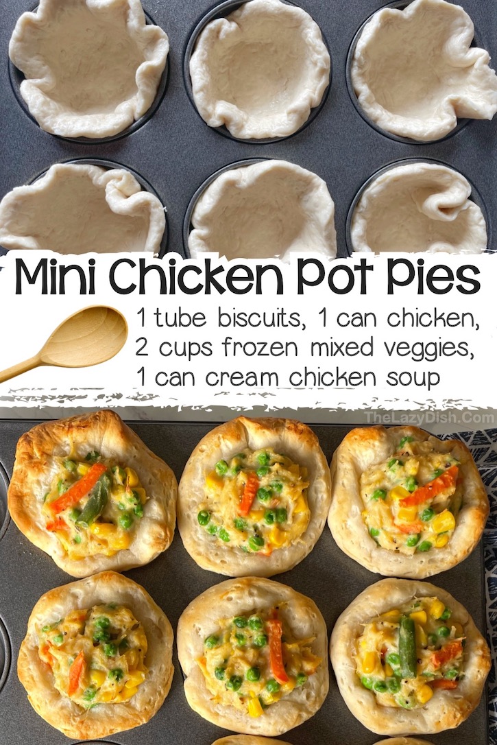 Mini Chicken Pot Pies made with Pillsbury refrigerated biscuits, a can of chicken, frozen mixed veggies, and a can of cream of chicken soup all cooked together in a muffin pan to make handheld mini savory pies.