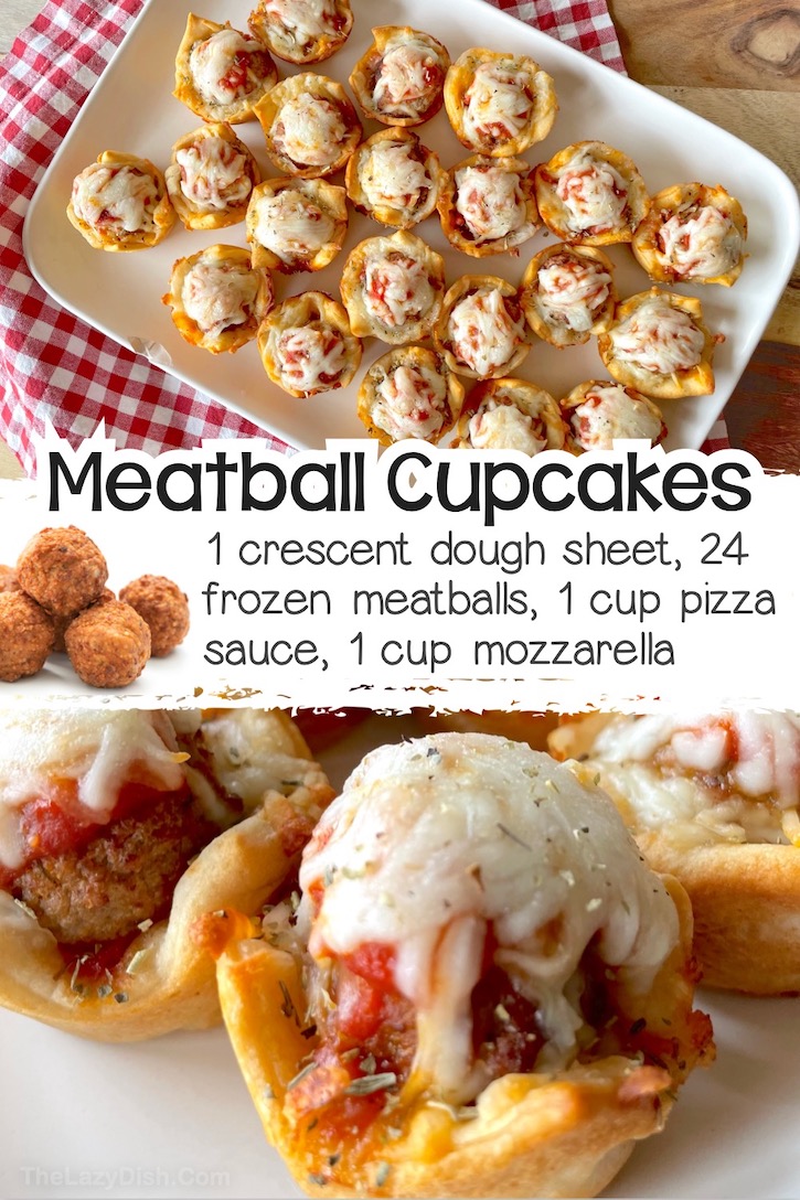 Savory meatball cupcakes made in a mini muffin pan with crescent dough, frozen meatballs, pizza sauce, and mozzarella cheese. The outcome is a handheld mini sub sandwich in the shape of a cupcake. 