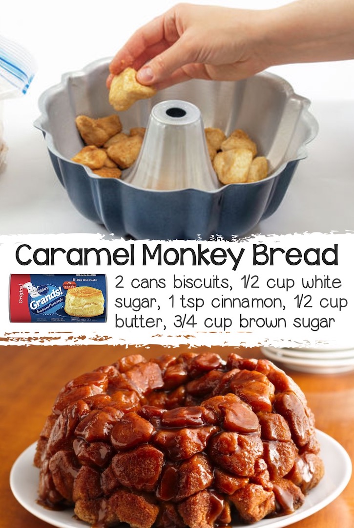 Gooey caramel monkey bread made with 2 cans of pillsbury biscuits cut into small bite-size pieces, mixed with butter, brown sugar, and cinnamon and then baked in a bundt pan. 