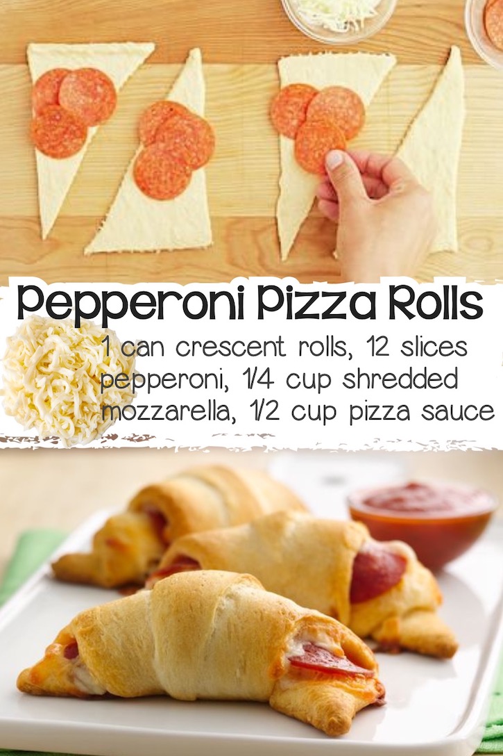 Mini pizza rolls made with a tube of refrigerated crescent dough stuffed with pepperoni and cheese, baked, and then served with warm pizza sauce for dipping. 