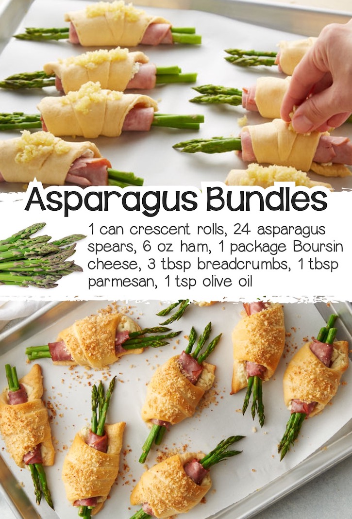 Bundles of asparagus and ham wrapped in refrigerated crescent dough on a baking sheet. 