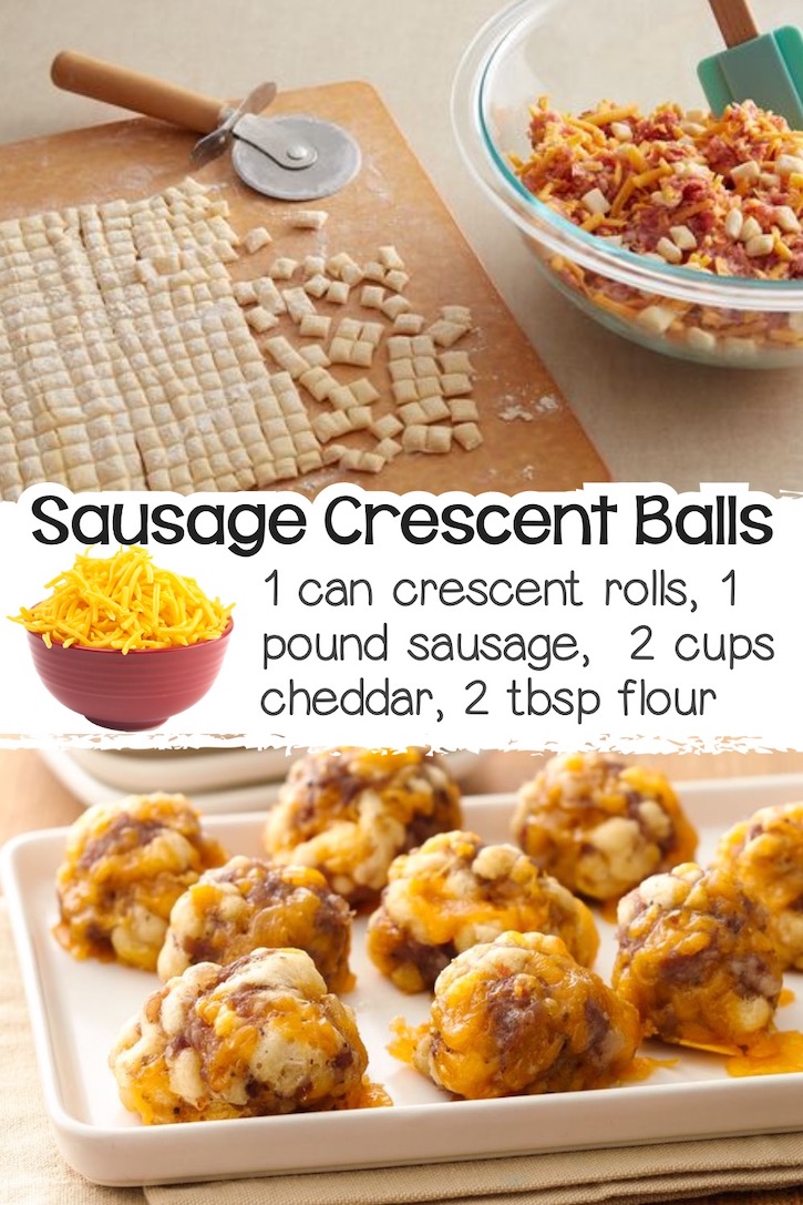 Classic sausage balls with a fun twist, made with refrigerated crescent dough cut into tiny pieces and then mixed with ground sausage, cheese, and flour, baked on a sheet pan to create a delicious appetizer.