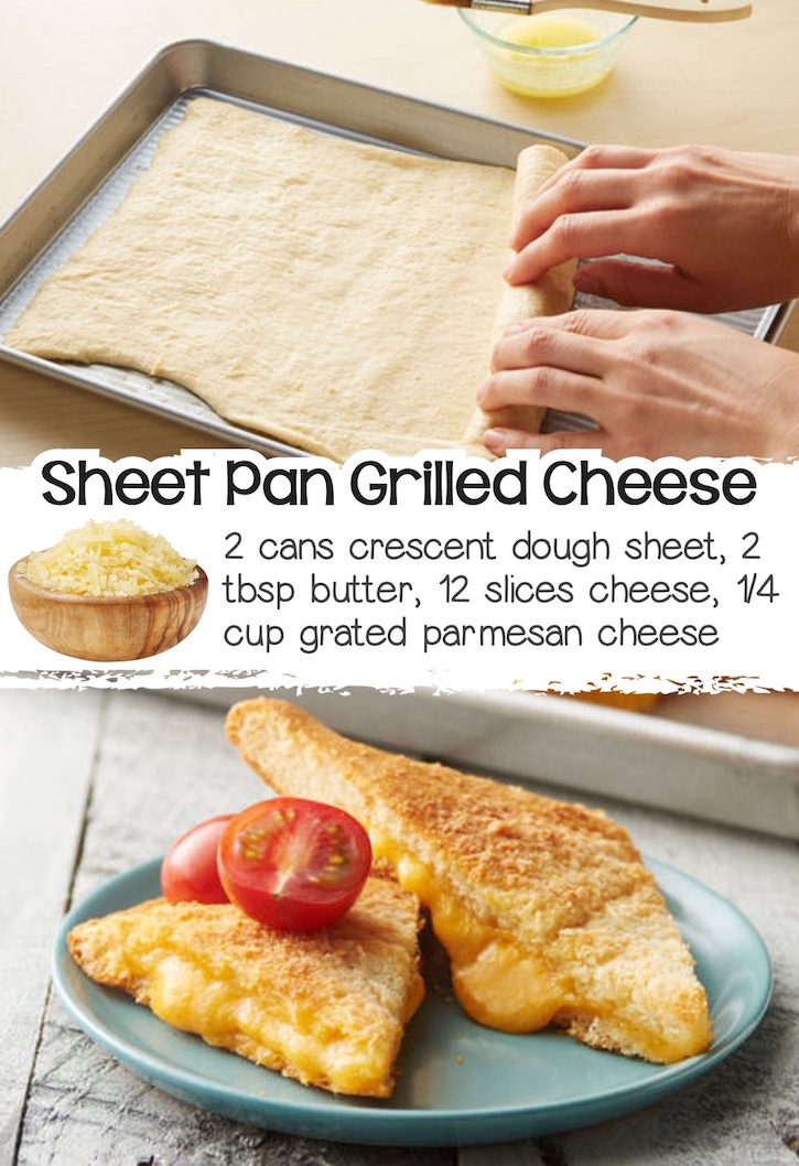 Grilled cheese sandwiches made on a sheet pan with 2 cans of crescent dough stuffed with gooey cheese and baked until golden brown to make one large grilled cheese that can be cut up into individual servings. 
