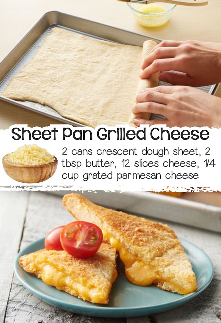 Grilled cheese sandwiches made on a sheet pan with 2 cans of crescent dough stuffed with gooey cheese and baked until golden brown to make one large grilled cheese that can be cut up into individual servings.