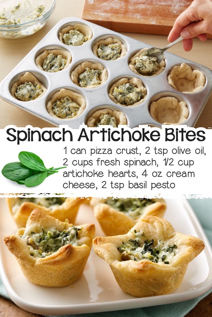 Creamy spinach artichoke dip served in mini handheld cups made of refrigerated pizza dough crust. 