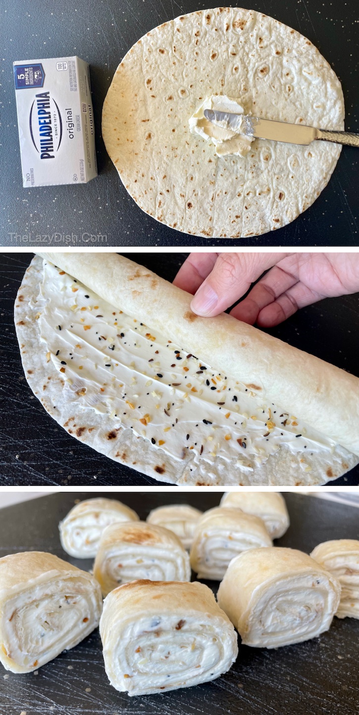 Bagel Bites... a quick and easy snack idea! Roll up a large flour tortilla stuffed with cream cheese and Everything bagel seasoning, cut into bite size pieces and then cook in a skillet with butter until crispy. Great for busy mornings and after school snacking! Kids especially love these pinwheels. 