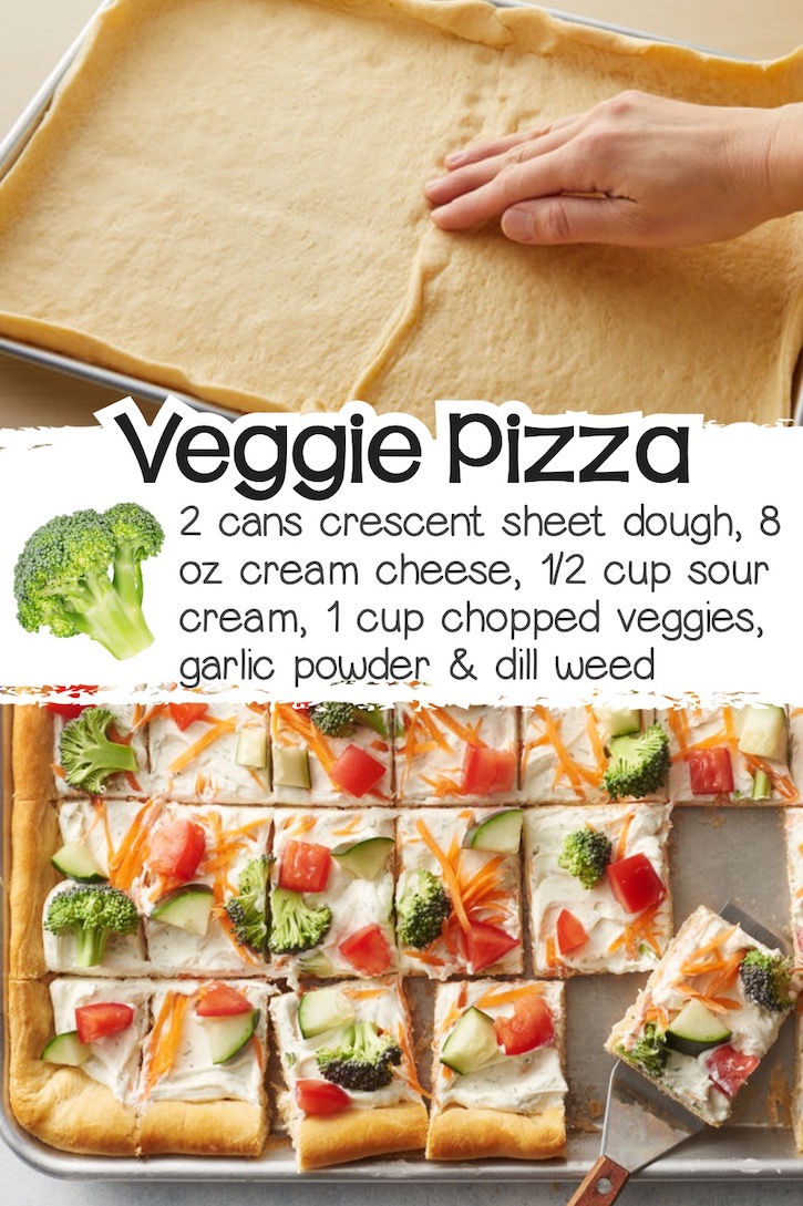 A cold veggie pizza recipe made on a sheet pan with a cooked and cooled crescent sheet dough crust, topped with a mixture of seasoned cream cheese and sour cream, and then sprinkled with fresh veggies like broccoli, tomatoes, carrots, and cucumber.