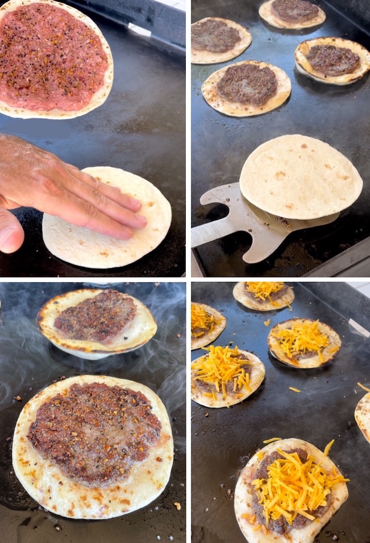 Step-by-step pictorial cooking smash burger tacos featuring ground beef smashed onto flour tortillas and cooked on a hot griddle with shredded cheese added last. 