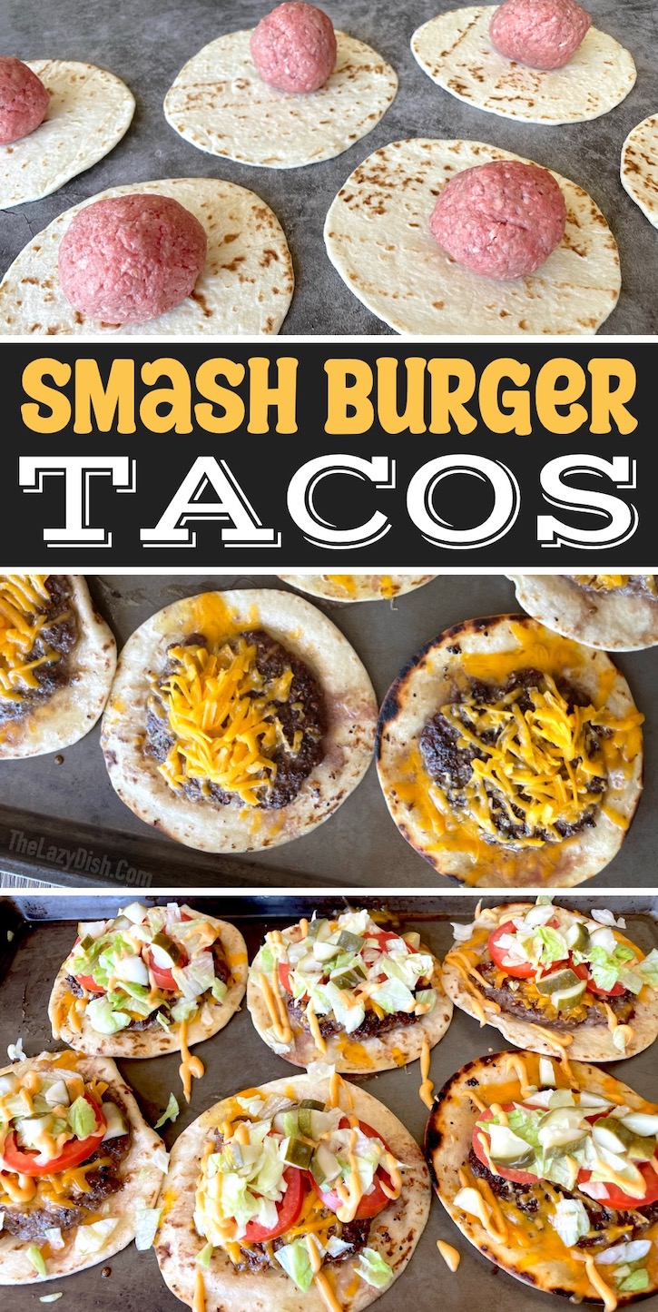 Smash Burger Tacos are a fun and easy ground beef dinner recipe that creates unique tacos with the flavors of a Big Mac Cheeseburger. The beef is smashed onto flour tortillas creating a thin layer of meat that cooks in less than 3 minutes! This quick dinner recipe is a hit with my kids, including my very picky eaters. Customize them with your favorite toppings and sauces. 