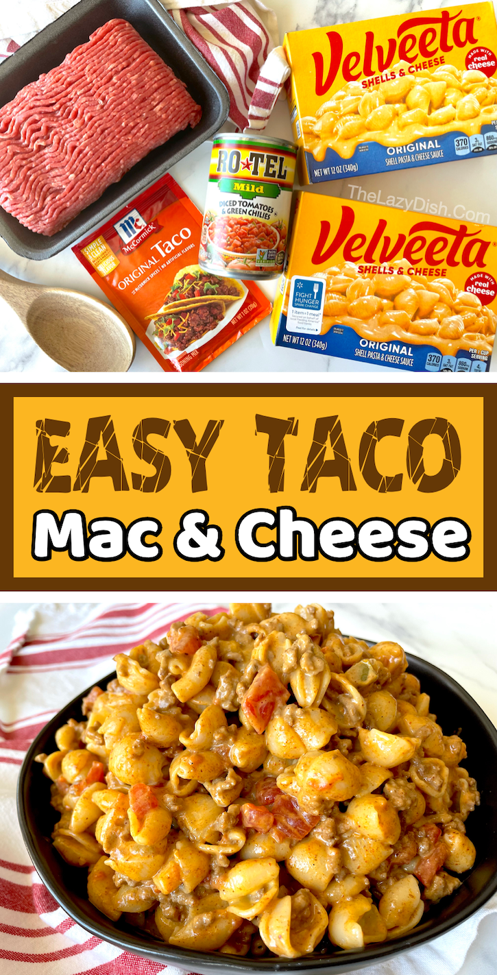 Taco Macaroni & Cheese | The combination of boxed Velveeta shells and cheese mixed with seasoned ground beef and a can of Rotel to make a fun and unique dinner for kids. 