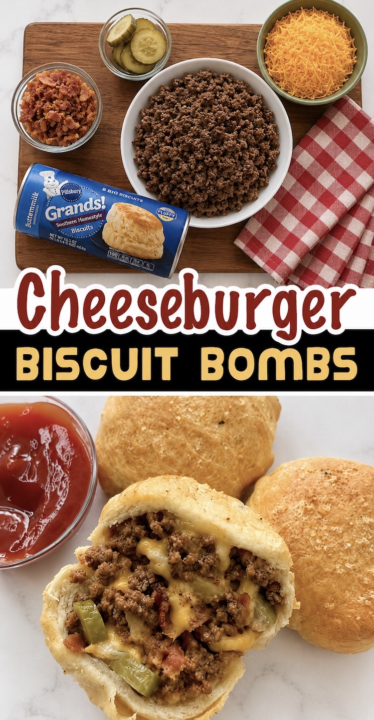 Cheeseburger Biscuit Bombs | A fun handheld dinner made with refrigerated biscuits, ground beef, cheese, bacon and pickles. Kids love dipping these mini burgers in ketchup!