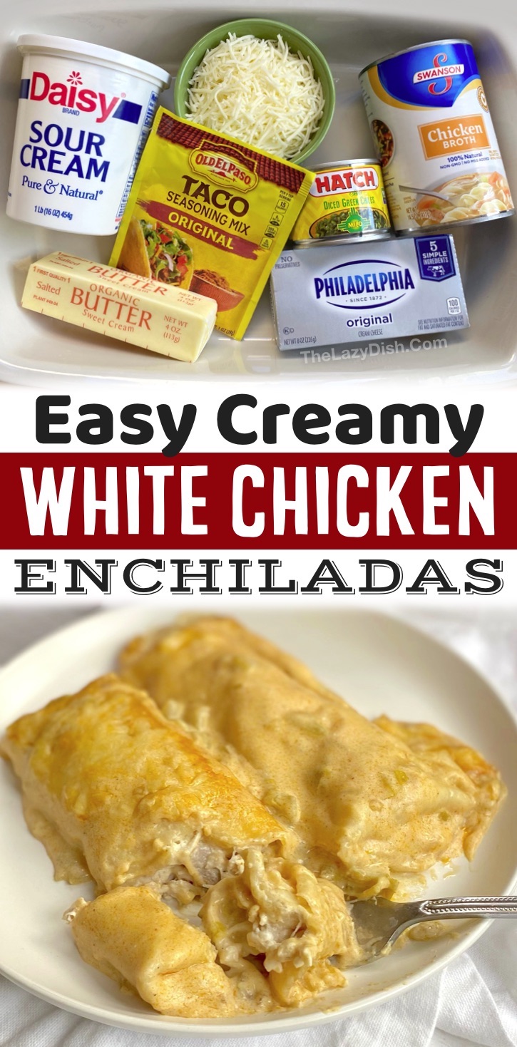 Creamy White Chicken Enchiladas | A popular enchilada recipe made with rotisserie chicken and cream cheese. 