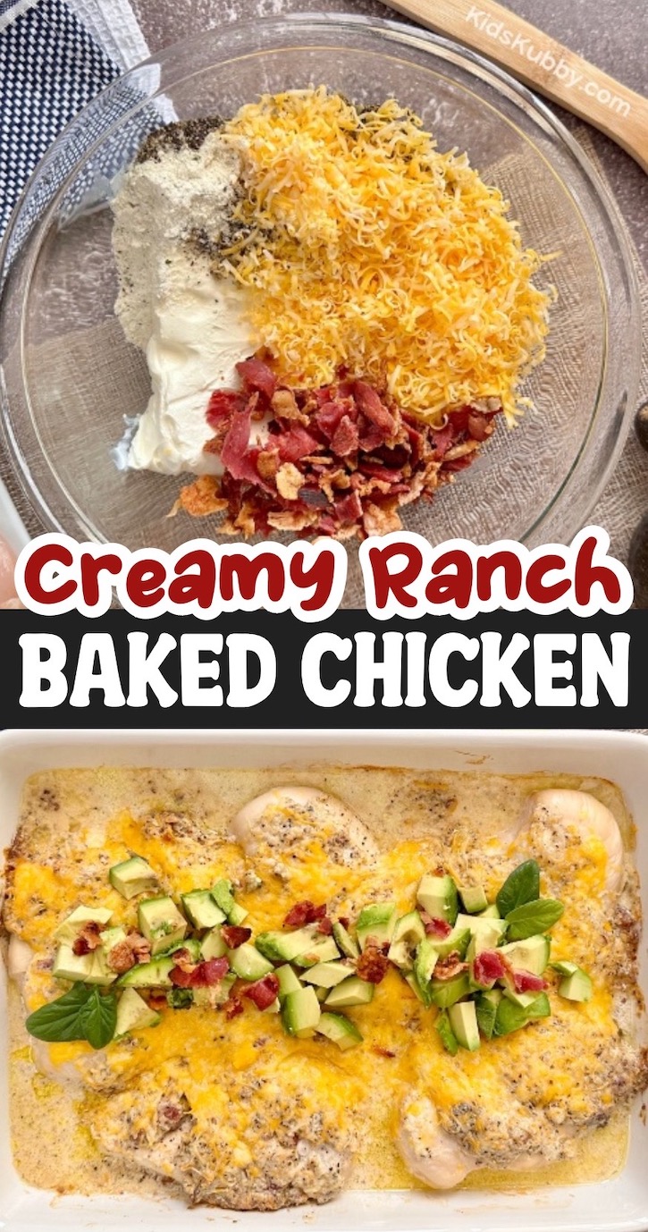 Creamy Ranch Baked Chicken | Chicken breasts in a large baking dish smothered in a mixture of cream cheese, mayo, ranch seasoning, cheddar cheese and bacon to make a filling and yummy family dinner. 