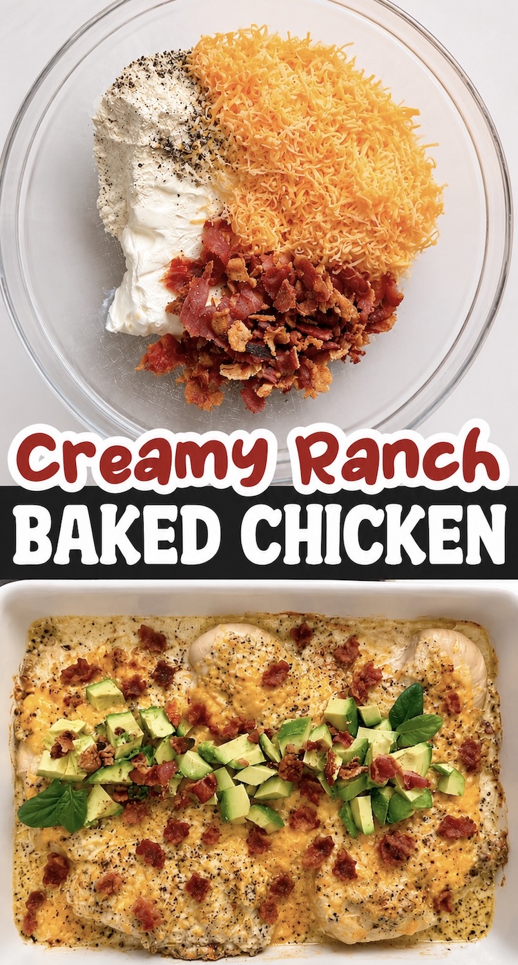 Creamy Ranch Baked Chicken | Chicken breasts in a large baking dish smothered in a mixture of cream cheese, mayo, ranch seasoning, cheddar cheese and bacon to make a filling and yummy family dinner.