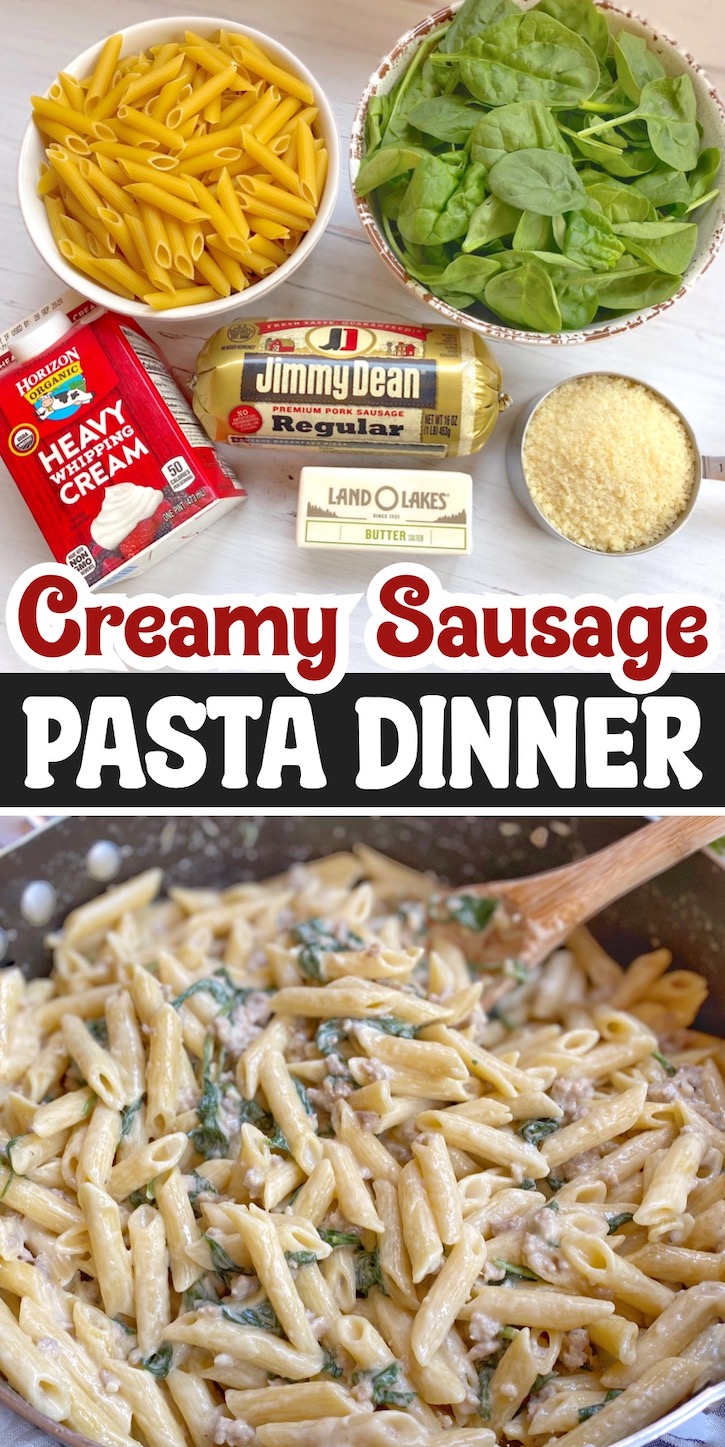 Creamy Garlic Sausage Pasta Skillet | A fun dinner idea made in less than 20 minutes! You've got to try ground sausage for dinner. 