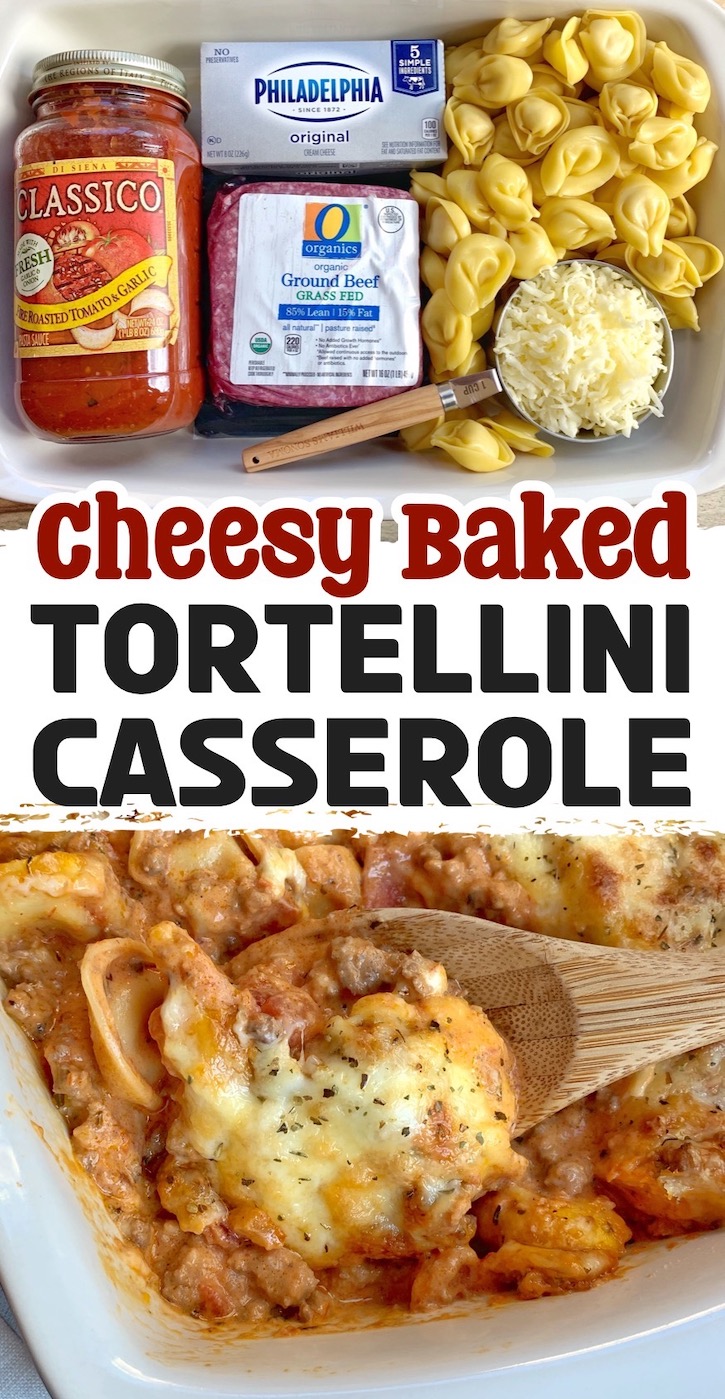 Cheesy Baked Tortellini with Meat Sauce | This pasta casserole is the most delicious comfort food you'll ever make. Mix together cooked tortellini with pasta sauce, cream cheese, ground beef, and cheese. Top with more cheese and bake until golden brown.