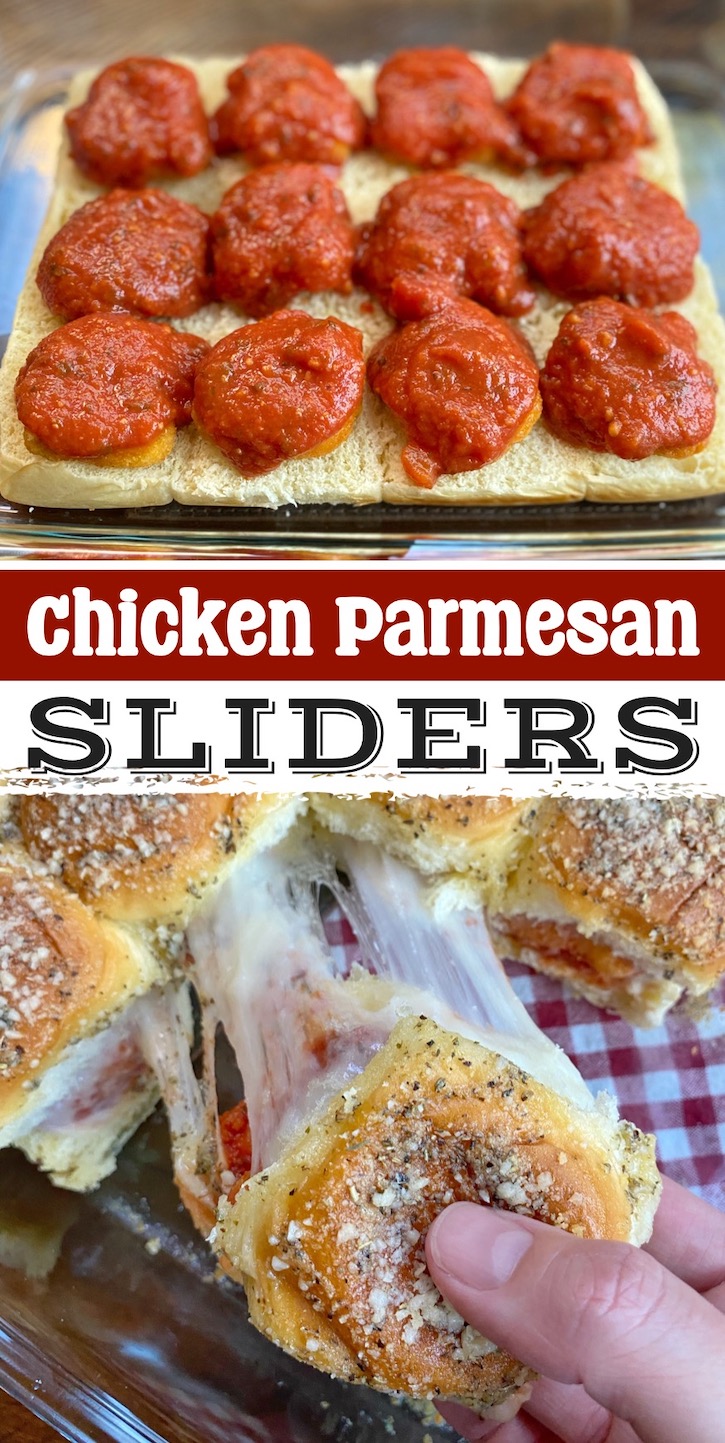 Chicken Parmesan Sliders | Baked mini sandwiches made with Hawaiian rolls, frozen chicken nuggets, pasta sauce, cheese, and melted garlic butter. These are awesome for sleepovers and after school snacks when your kids have friends over. 
