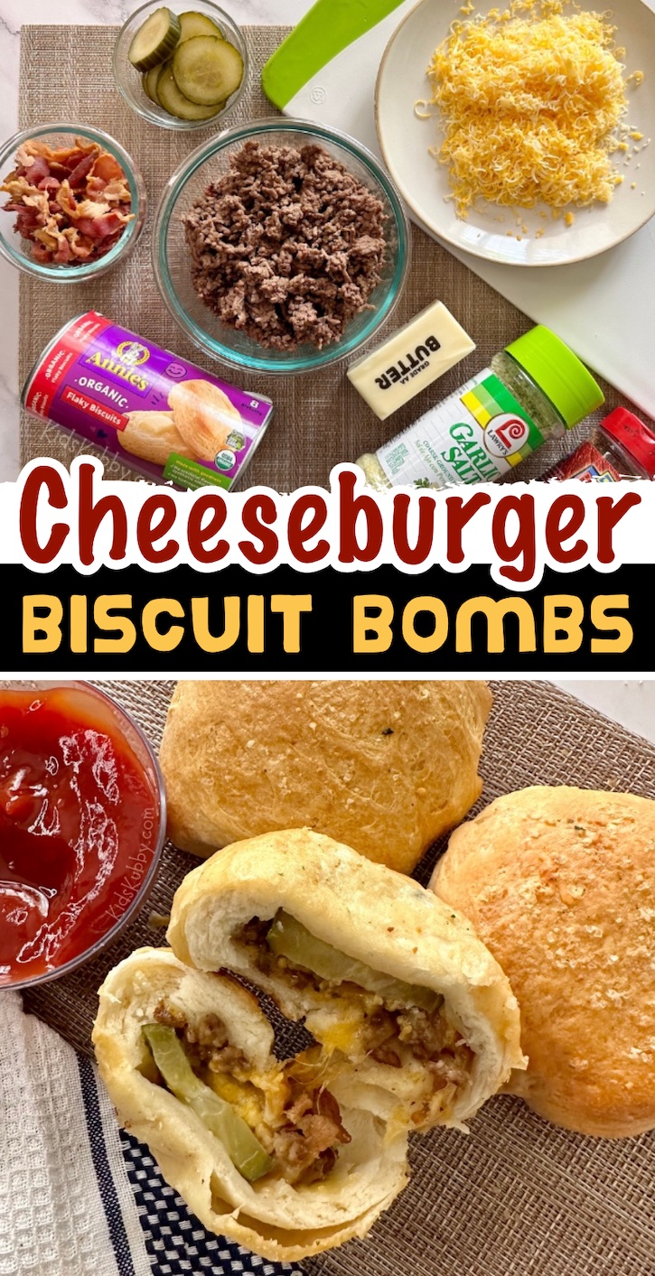 Cheeseburger Biscuit Bombs | A fun handheld dinner made with refrigerated biscuits, ground beef, cheese, bacon and pickles. Kids love dipping these mini burgers in ketchup!