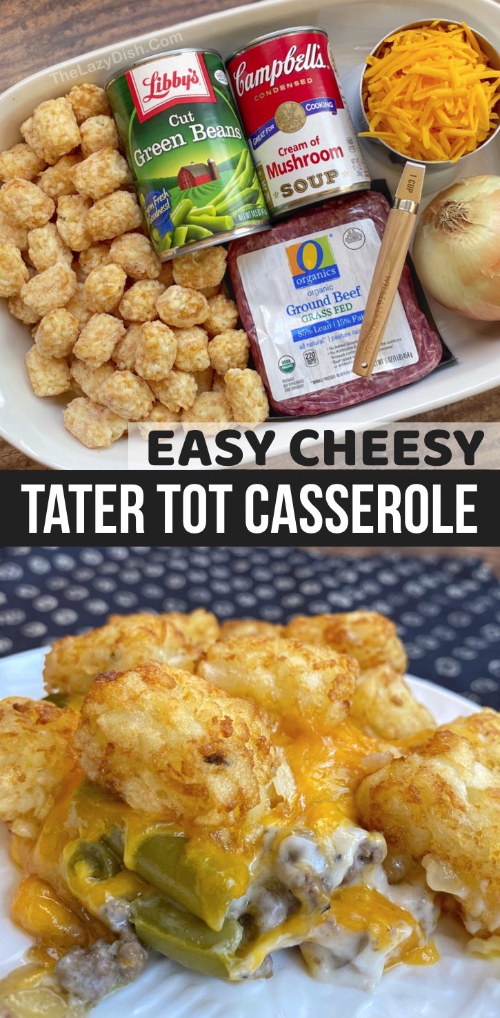 Cheesy Tater Tot Casserole | A creamy mixture of ground beef and veggies topped with a layer of crispy tater tots. Fantastic comfort food for a family with kids!
