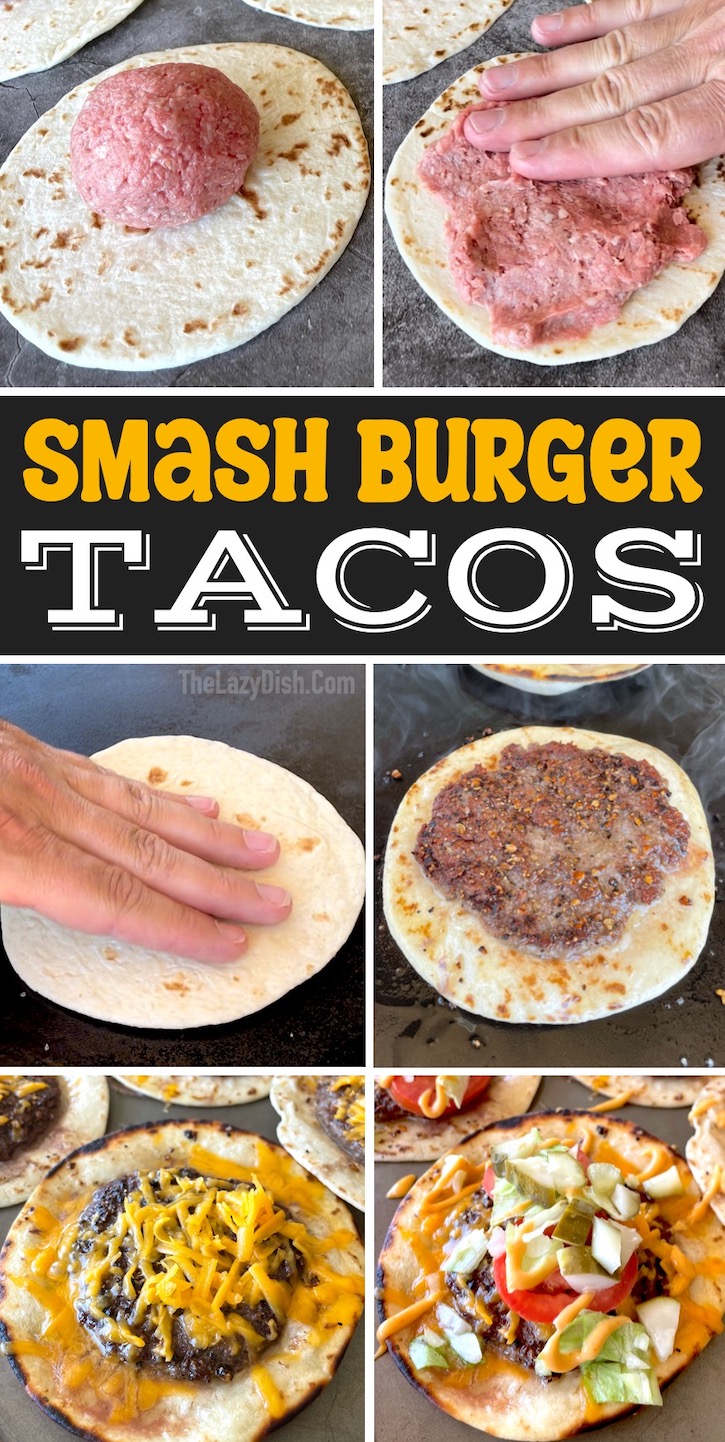 Smash Burger Tacos | This creative dinner combines two classic comfort foods-- tacos and cheese burgers! If you have a Blackstone griddle they are fast to make all at once. 