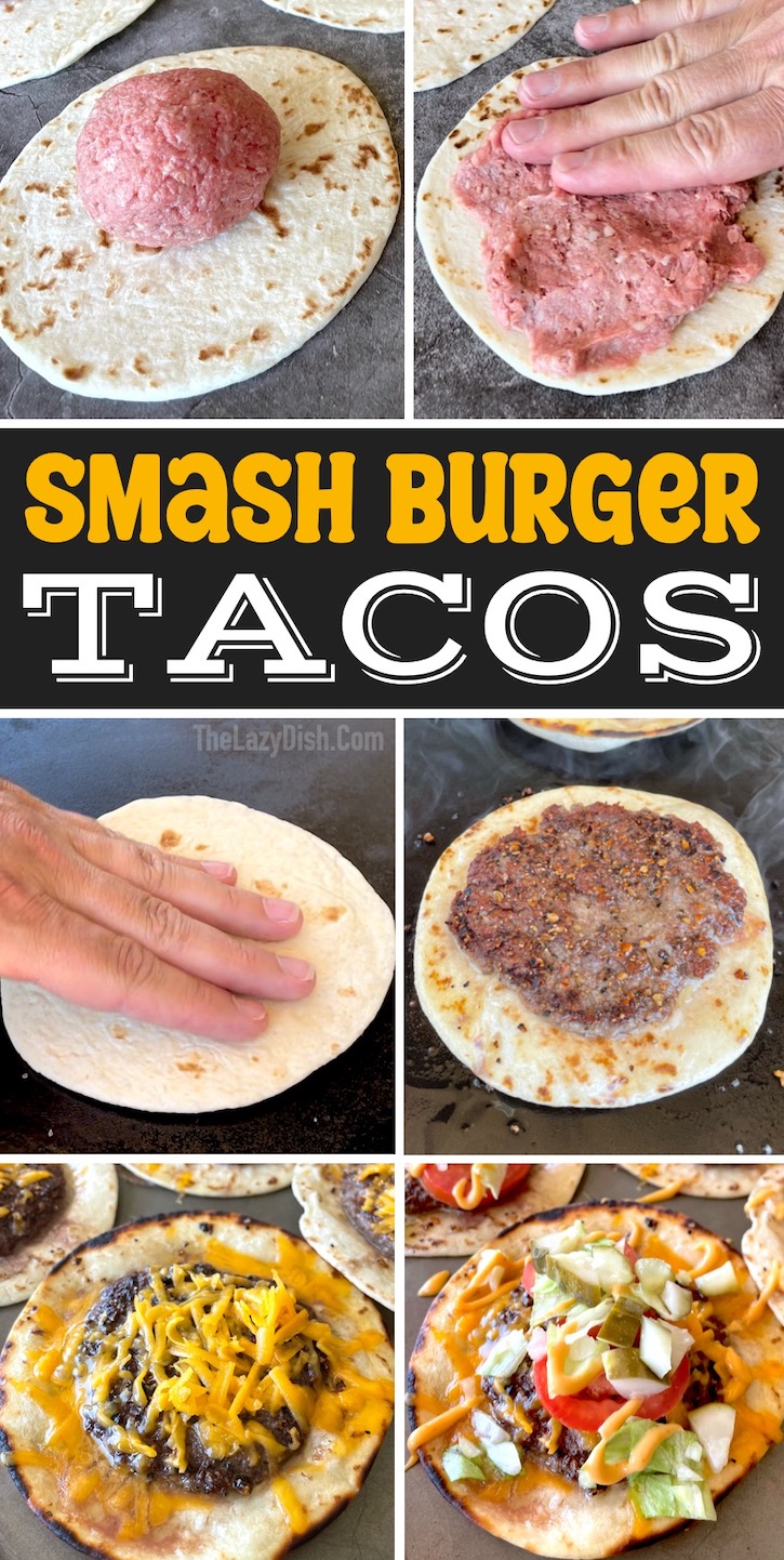 Smash Burger Tacos | This creative dinner combines two classic comfort foods-- tacos and cheese burgers! If you have a Blackstone griddle they are fast to make all at once.